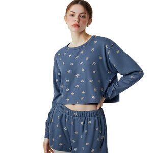 Colsie Women's Blue Floral Crop Top Cotton Blend Pajama 2 Pc Set Size Small